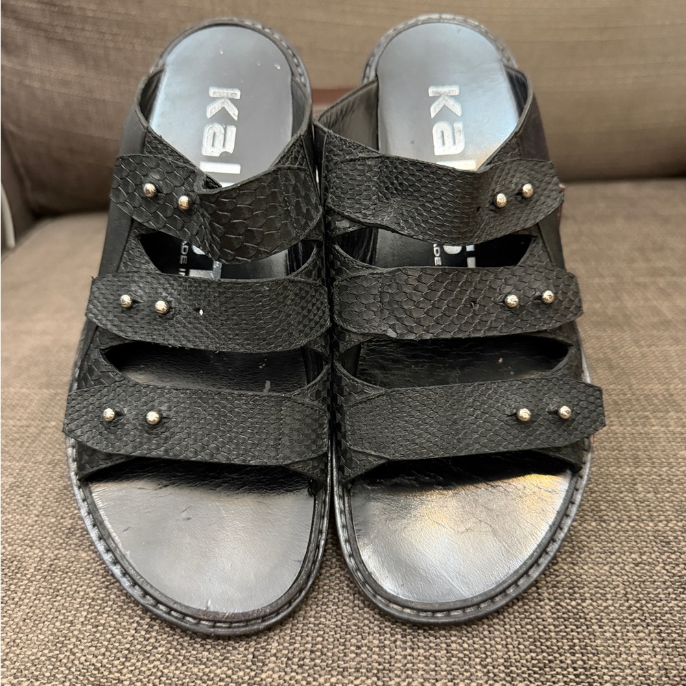 Kalliste Black Python Studded Leather Slide Sandals - Made in Italy, size 37